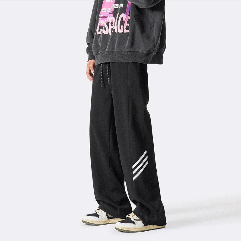 saferido American Trendy Vintage Summer Loose Sports Wide Leg Pants Men Pocket Striped Elastic Wait Drawstring Casual Straight Trousers