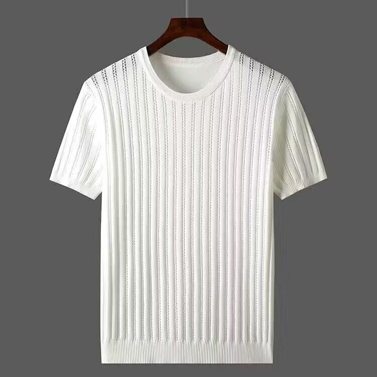 Summer Men T-shirt Knitted Short Sleeves Top Sweater Men's Solid Color O-neck Pullover Thick Slim Knitted Tees D215