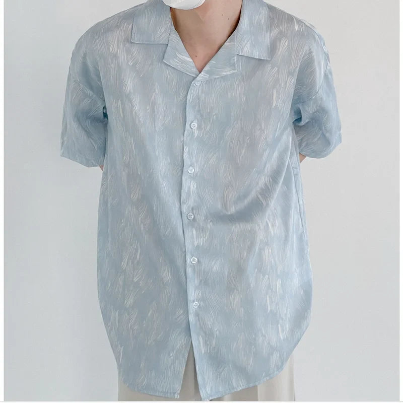 England Style Drape Ice Silk Shirts for Men Short Sleeve Summer Thin Print Loose Harajuku Casual Vintage Shirt Korean Fashion