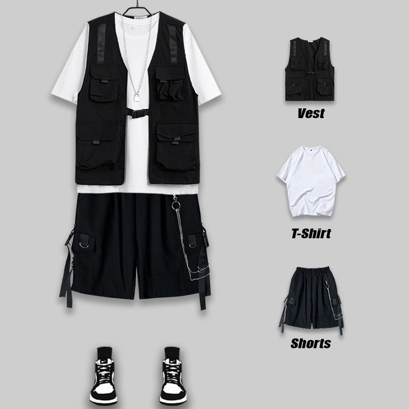 Men's Shorts Set Tank Top Men Cargo Punk Rave Vest Male Shirt Streetwear Hip Hop Hippie Men Clothing Pockets