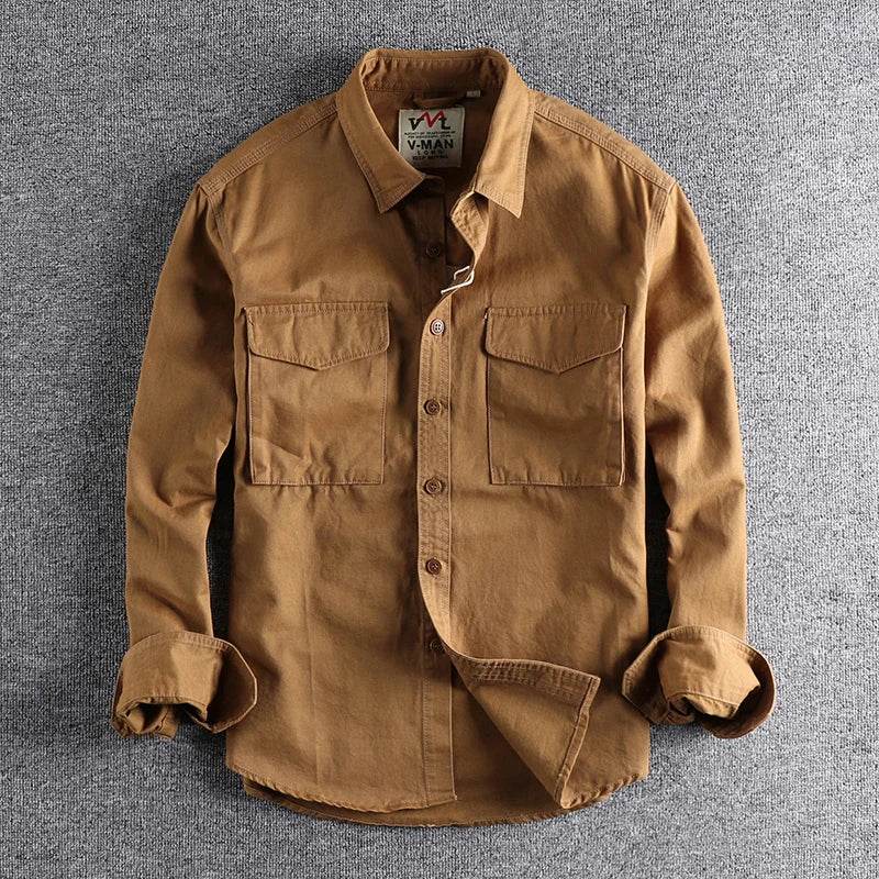 Autumn new khaki retro wash solid color work shirt men's three-dimensional pocket trend loose jacket