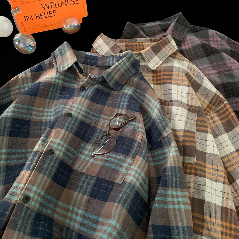 saferido Korean Street Plaid Shirt Coat Men's Long Sleeve Turn Down Collar Casual Shirts Vintage College Style Unisex Fashion Clothing