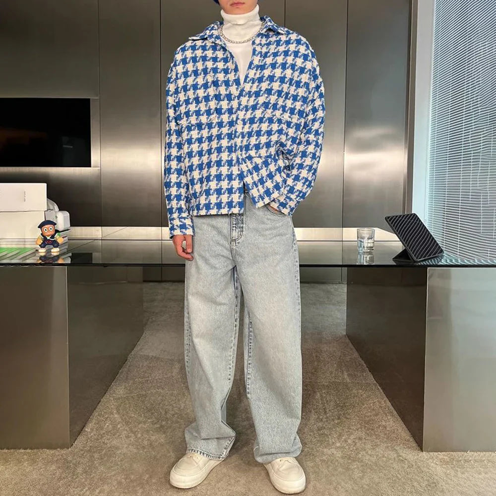 saferido Spring New Simple Versatile Fashionable Blue Houndstooth Woolen Shirt Style Genderless Casual Unisex Long-Sleeved Shirt