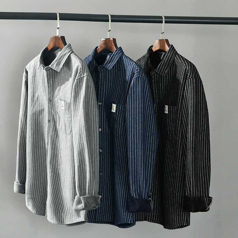 Men Winter Fashion Fleece Lined Warm Thick Classical Striped Shirts Male Long Sleeve Lapel Brushed Casual Retro Tops Clothing
