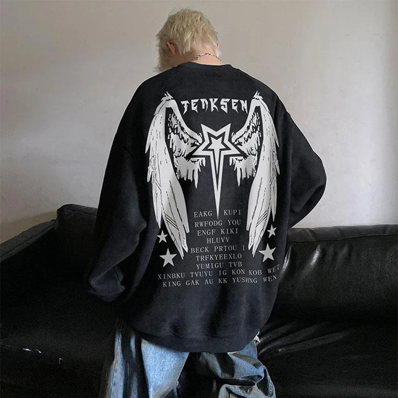 saferido High Street Men Sweatshirt Angel Wing Graphic Printed Gothic Style Pullover Sweatshirts Oversize Baggy Hip Hop Round Neck Hoodie