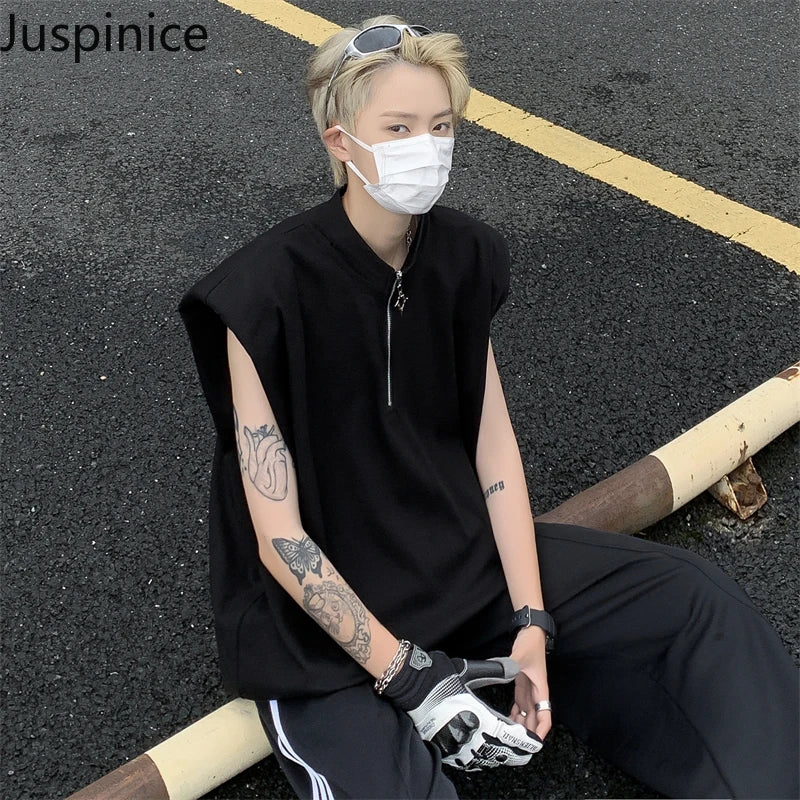 saferido American Cotton Half-zip Vest Couple Niche Shoulder Pads Loose Casual High Street Sleeveless T-shirts Men Tops Male Clothes