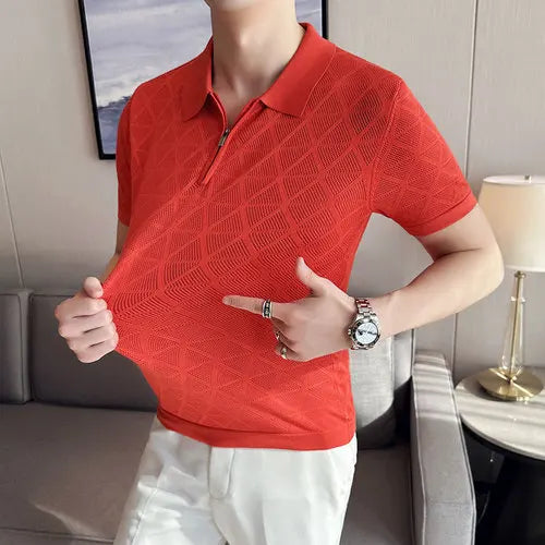 saferido Korean Style Men's Summer Casual Knitted Polo Shirts/Male Slim Fit Fashion Zipper Design Hollow Out Polo Shirts S-3XL