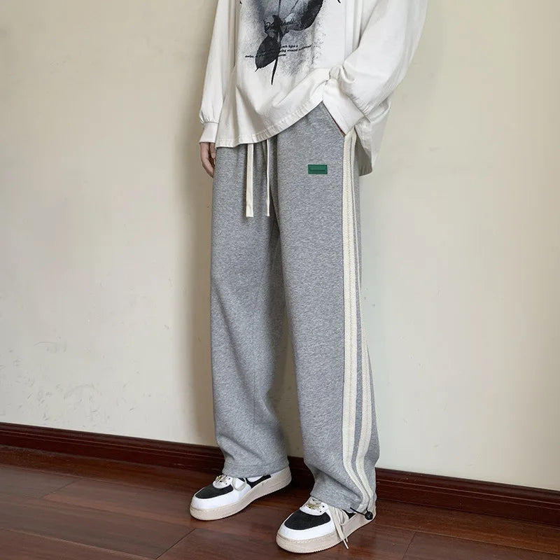saferido Men's Striped Slit Pants Spring Autumn Straight Wide Leg Trousers High Street Loose Casual Trousers Fashion Men Clothing