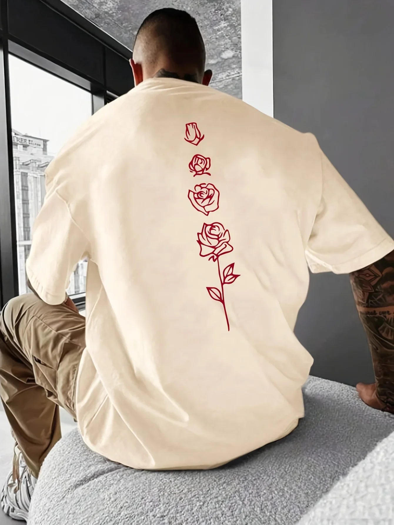 Men's Summer Loose Fit 100 Cotton Rose pattern Print T-shirt Tops