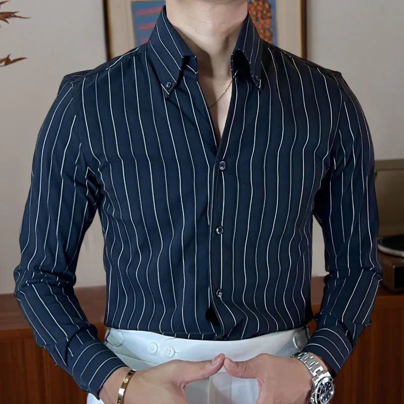 saferido Stripe Shirts Men's British Fashion Slim Shirt Tuxedo Shirt Social Business Trend Men Shirt Office Button Down Long Sleeve Shirt