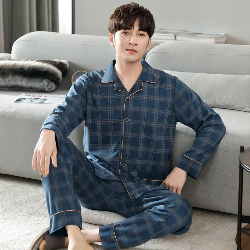 Men Pajamas Set Lounge Sleepwear Plaid Pyjamas Long Sleeve Spring Autumn Loungewear Male Homewear Home Clothes