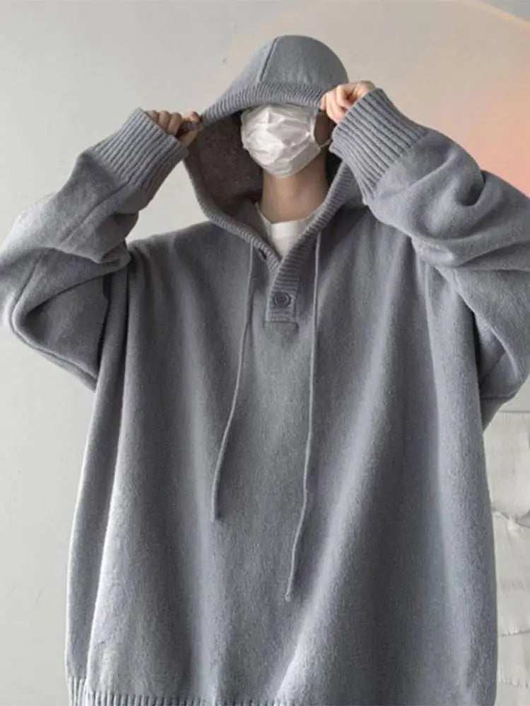Hood Sweater Men's Winter Loose Chic Idle Sle Retro Knit Solid Outerwear Teenagers Fashion Trendy Warm Man Clothing