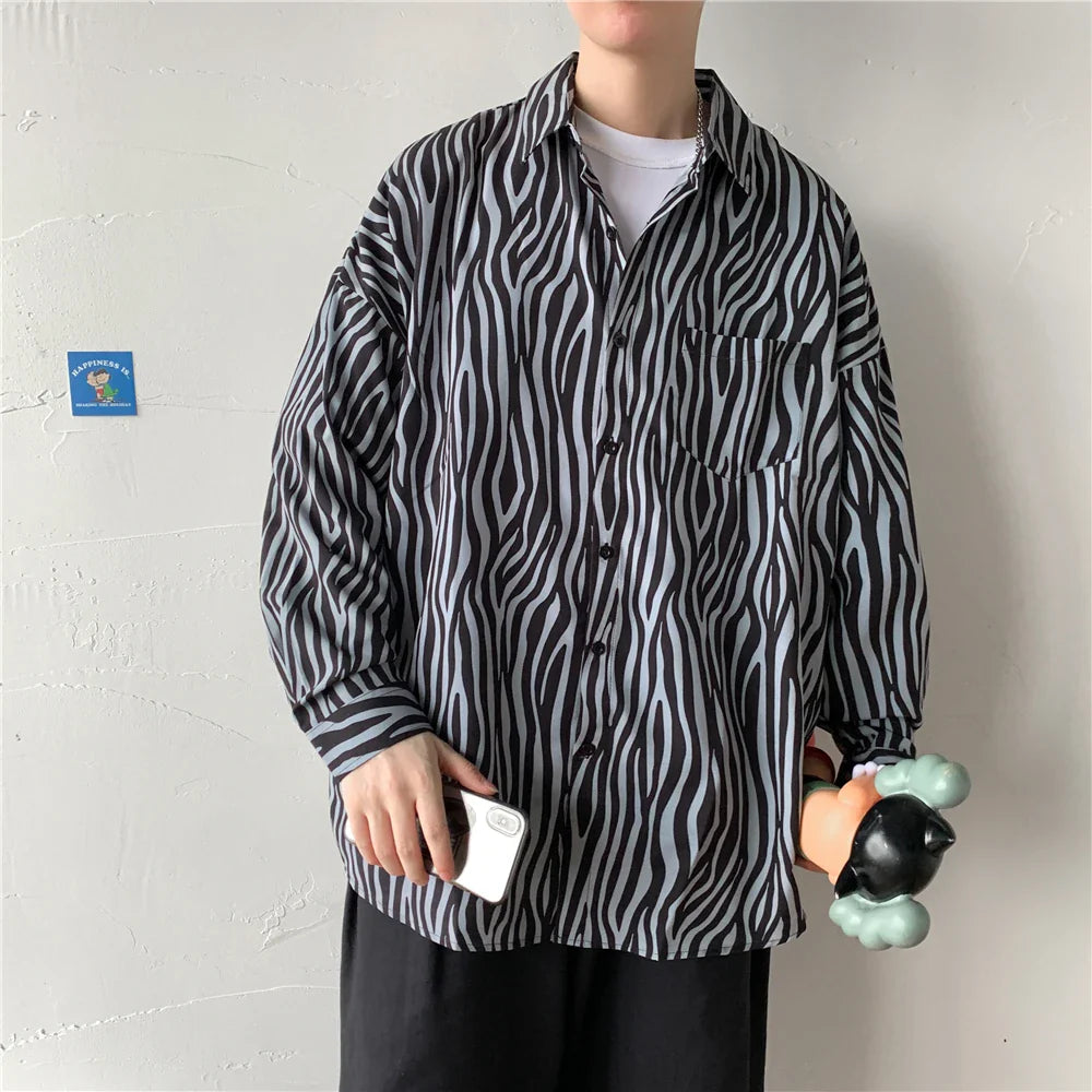 saferido Men's Classic Black and White Striped Shirt Japanese Loose Casual Large Size Couple's Model Lapel Tops Street Trendy Clothing