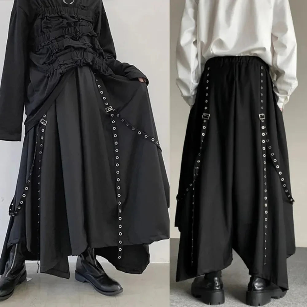 saferido Mens Gothic Rope Belt Decorated Irregular Skirt Pants Genderless Fashion Japanese Style Niche Dark Samurai Pants Hakama Unisex