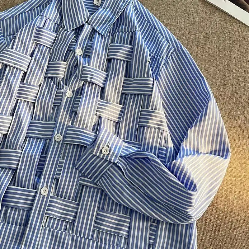 New Spring and Autumn Fashion Korean Edition Hip Hop Trend Advanced Sense Casual Loose Stripe Woven Long Sleeve Men's Shirt