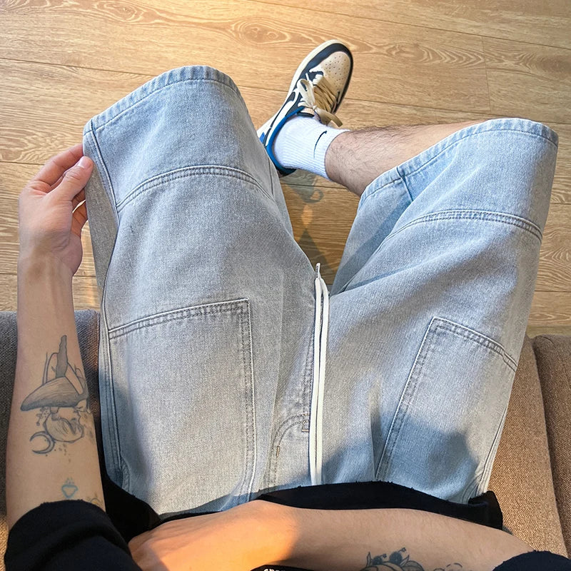 saferido Summer New High Street Casual Versatile Denim Capris Elastic Waist Men's Korean Style Loose Wide Leg Large Pocket Shorts
