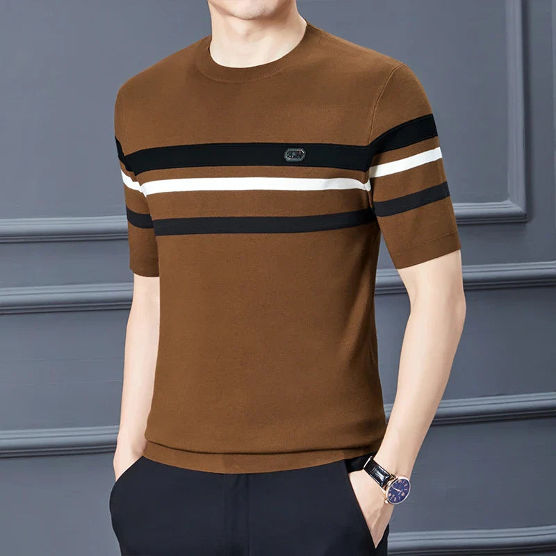 saferido Round Neck Men's Knitwear Spring 2024 Silk Velvet Half Sleeve Thick T-shirt Business Gentleman