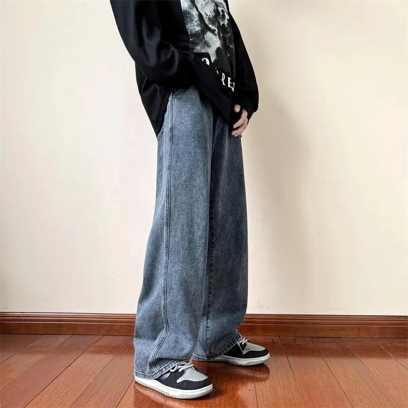 Men's Trendy Brand Loose Straight Leg Denim Pants Hip Hop Solid Color Casual Trousers Harajuku Male Bottoms