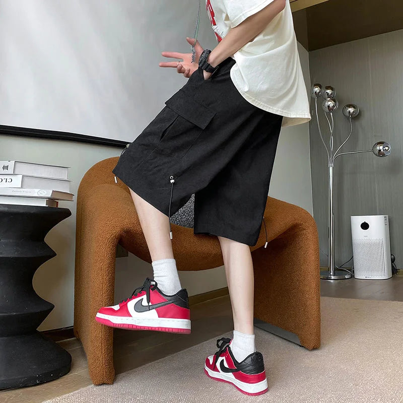 saferido Solid Loose Shorts Summer Straight Wide Leg Casual Pants Oversize Simple Fashion Pocket Drawstring Five Points Pleated Pants Men