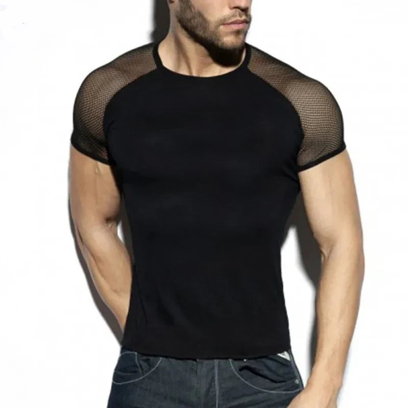 Fashion Men T Shirt Mesh Patchwork Streetwear Crew Neck Short Sleeve Casual Tee Tops Sexy Breathable Camisetas 5XL