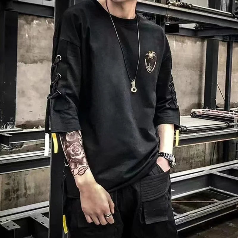 saferido Techwear Fashion Printing Anime Men Lace Up T Shirt Streetwear Summer Hip Hop Punk Male Clothing Harajuku Casual Sport T-Shirt