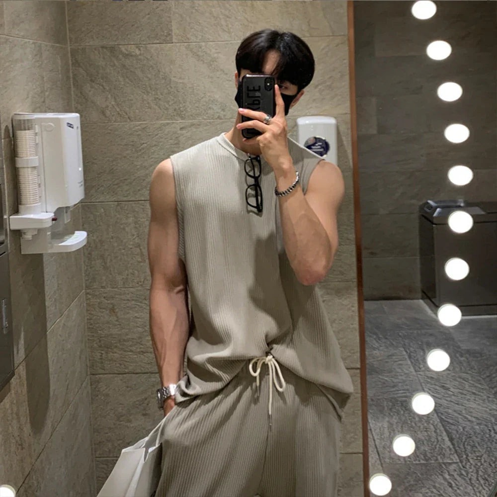 Summer Clothing Men's Casual Tank Tops Set Luxury Korean Streetwear O Neck Solid Drape Vest+Trousers 2 Piece Suit 2024 New