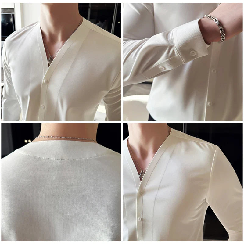 saferido Men V-neck Long Sleeve Shirt New British Style Solid Casual Slim Fit Camisas Blusas Formal Dress Shirts Homme Men Clothing