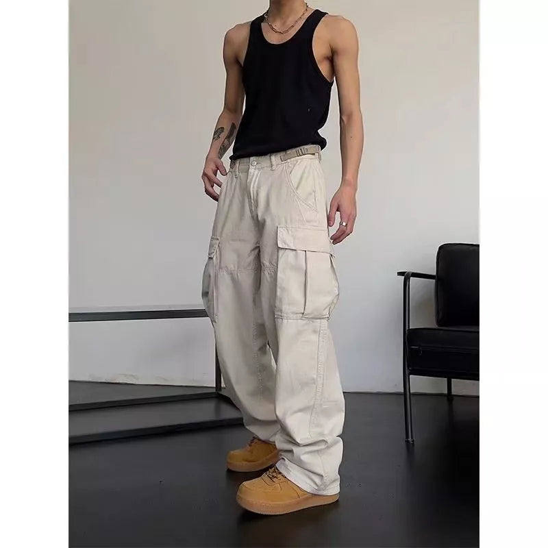 saferido Japanese cityboy heavy cotton overalls wide leg pants European and American street high waist slim hiphop big mouth bag fashion