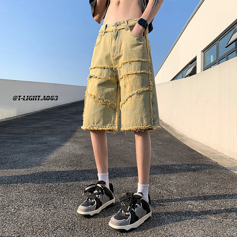 American High Street Men's Wide Leg Denim Shorts Summer New Fashion Casual Baggy Short Jeans Male Chic Burrs Clothes