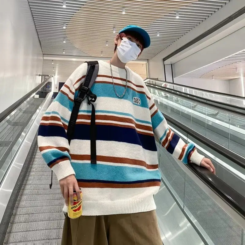 saferido Literature and Art Men's Loose Stripe Round Neck Knitwear Men's Autumn Oversize Lazy Sweater men coat winter clothes sweter