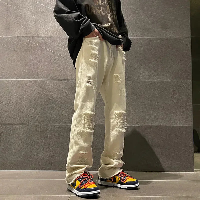 saferido Trousers with Holes Man Cowboy Pants Aesthetic Ripped Men's Jeans Torn Broken Black Straight Trend Loose Cotton Washed Kpop