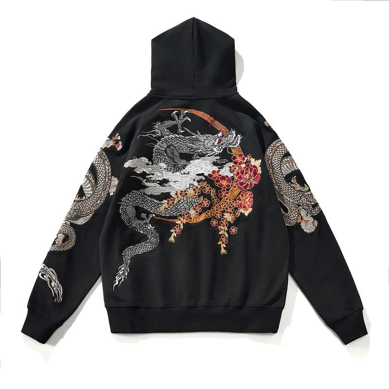 Men Streetwear Fleece Hoodie Sweatshirt Embroidery Flower Chinese Kanji Pullover Winter Harajuku Cotton Hooded Hoodie
