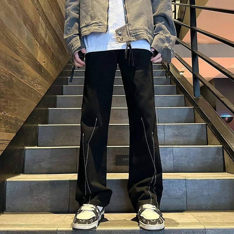 saferido Men Black Low Rise Denim Pants Vintage Korean Fashions Japanese Style Casual Jeans Y2k Streetwear Stacked Jeans Pants Hip Hop