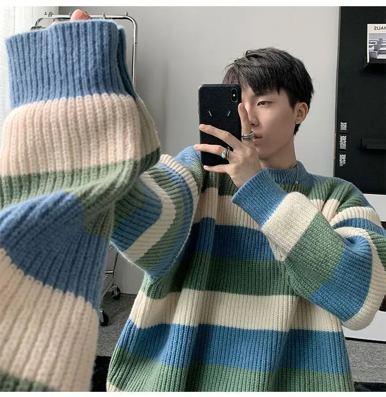 saferido Autumn Winter Sweater Men Pullover Korean Style Male Striped Sweater Loose Knitted Sweater Trend Thick Top Mens Clothing