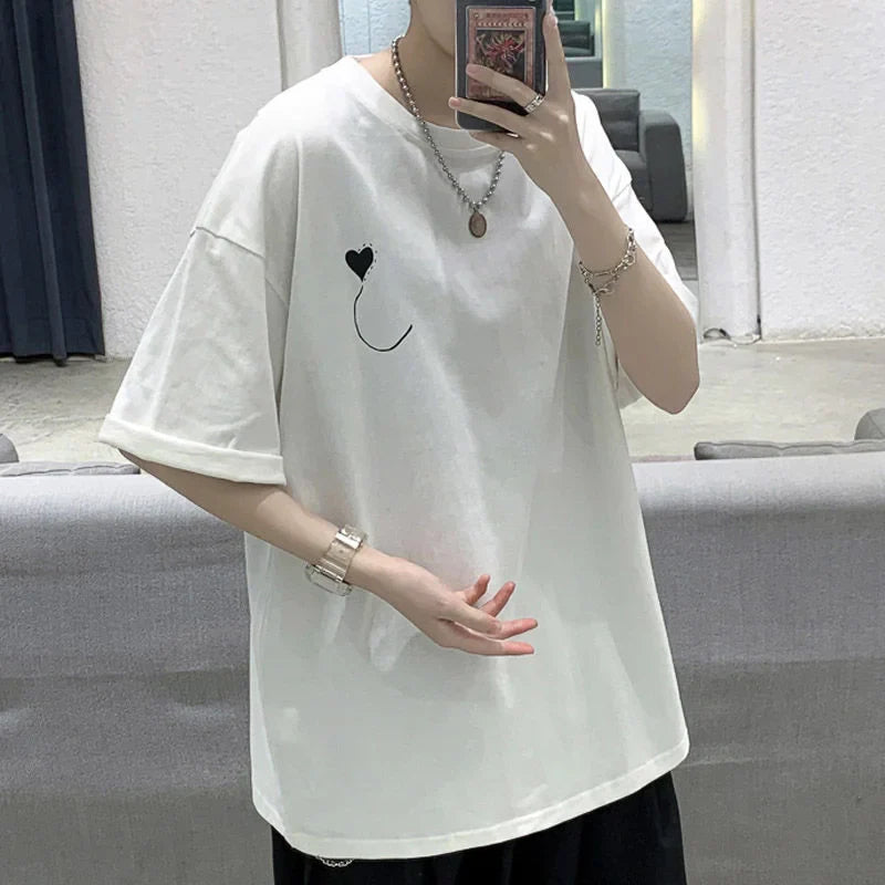 saferido Korean Style Summer Men's Short Sleeved Fashion T-shirt Loose Top Printing Cotton Clothes Tshirts Round Neck T Shirts M-2XL
