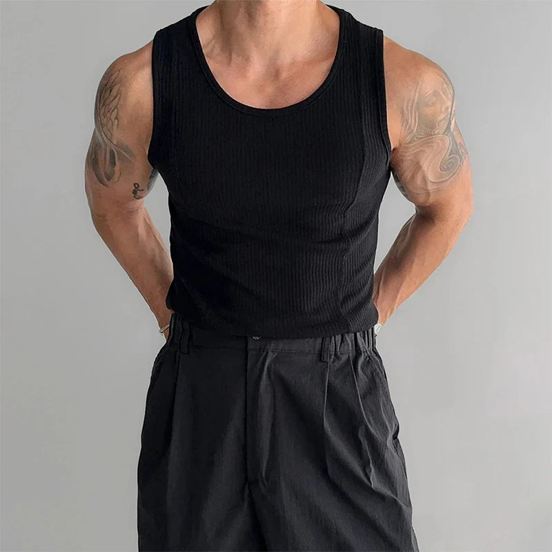 Summer Fashion Solid Color Ribbed Tank Tops Men Slim Elastic Sports Vest For Mens New Casual O Neck Straps Sleeveless Camisoles