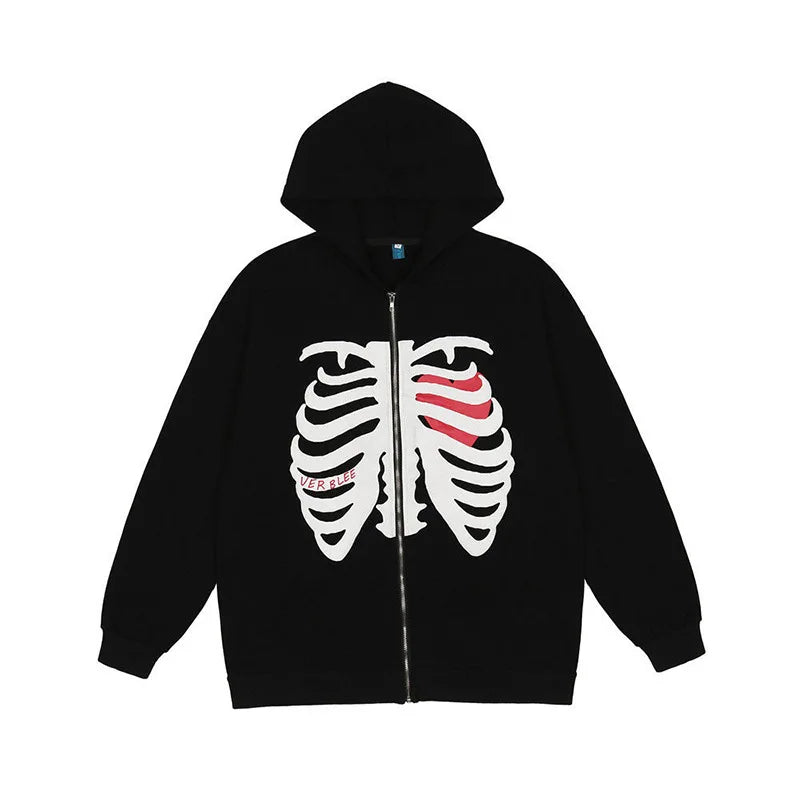Y2K Pullover Skeleton Hoodies Men Women Gothic Zip Up Oversized Sweatshirt Ladies Retro Harajuku Hooded Jacket Streetwear