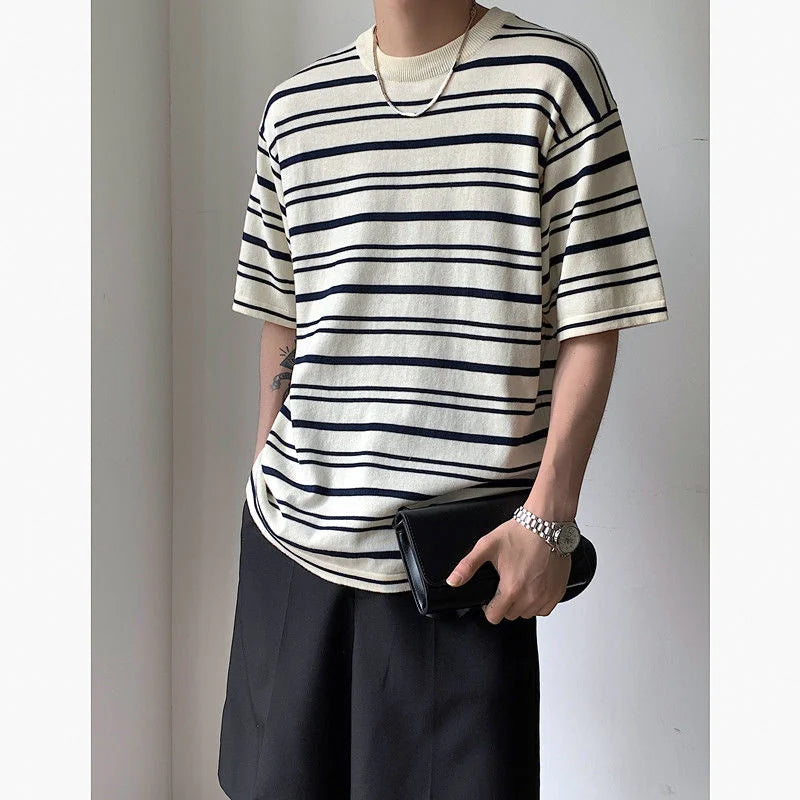 saferido Korean Style Men's Loose Pullover Round Neck Knit T-shirts Striped Printing Top Clothes Tshirts Apricot/navy Color T Shirts
