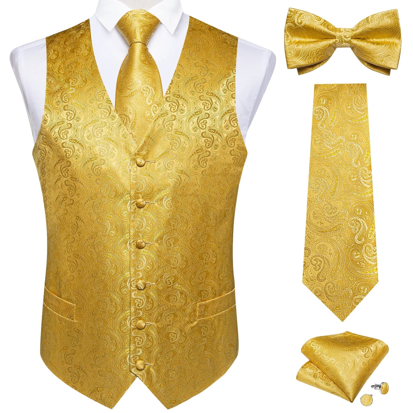 Men Black Paisley Vest Necktie Bowtie Pocket Square Cufflinks Dress Set Classic 5 PCS Business Waistcoat for Man