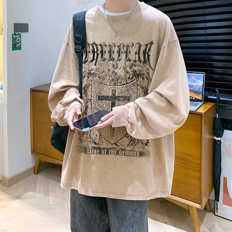 saferido Spring Autumn New Men's Loose Sweatshirt Gothic Wear American Printed Long-sleeved Tshirt Hip Hop Round Neck Sweatshirts