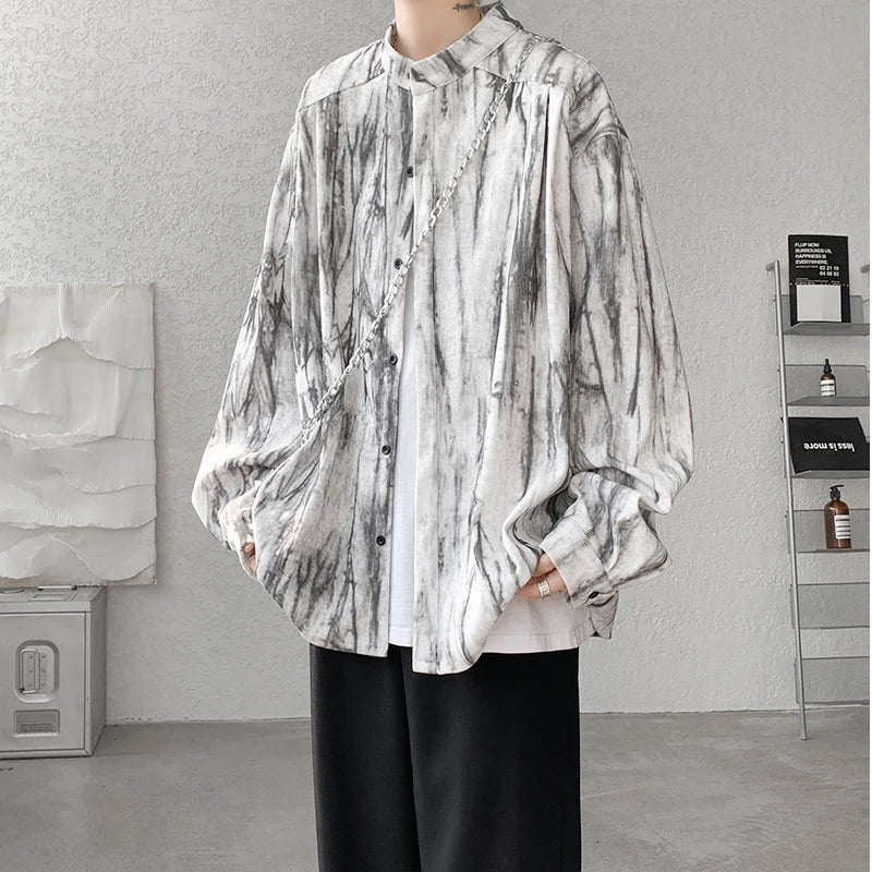 saferido Stand Collar Tie-dye Shirt Men Handsome Long Sleeve Men's Clothing Spring Autumn Korean Loose Streetwear Casual Shirts