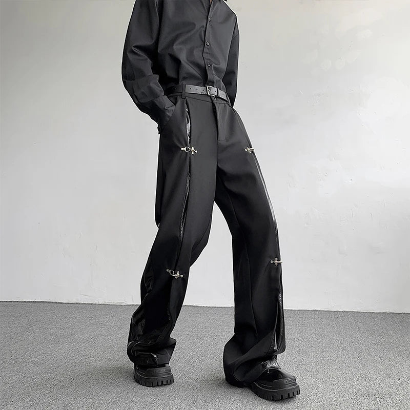 Men's Pants Autumn Winter Metal Buckle Design PU Leather Splicing New Fashion Solid Color Darkwear Trousers