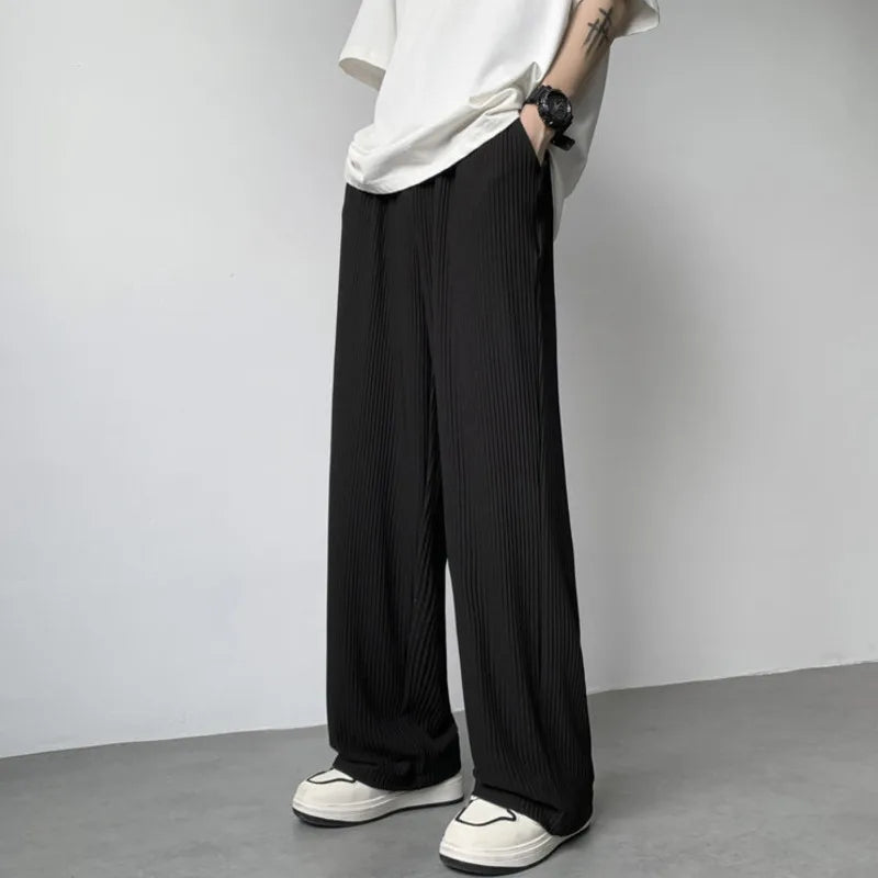 saferido Summer Ice Silk Pants Men Fashion Casual Pleated Pants Men Japanese Streetwear Loose Wide Leg Pants Mens Baggy Trousers M-3XL