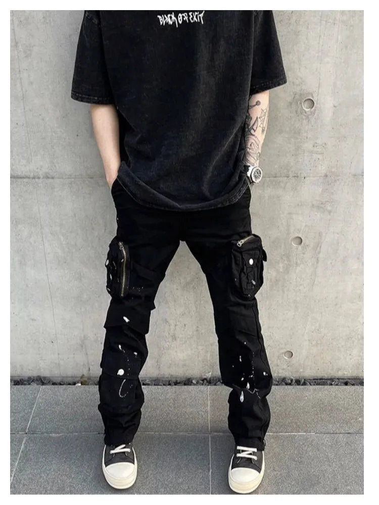 saferido Street Strap Speckled Ink Pocket Stereoscopic Cut Micro Horn Workwear Pants Hip Hop High Street Punk y2k streetwear Stacked Casual Pants