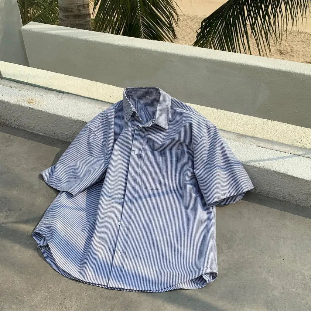 saferido -Youth Korean Fashions Cotton Striped Shirts Oversized Vintage Button Up Shirts Japanese Casual Short Sleeve Shirts