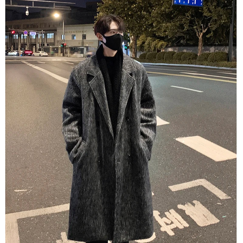 saferido Korean Style Medium-length Men's Trench Autumn Winter High Quality Loose Casual Woolen Coat Trendy Overcoat Khaki/Dark Gray