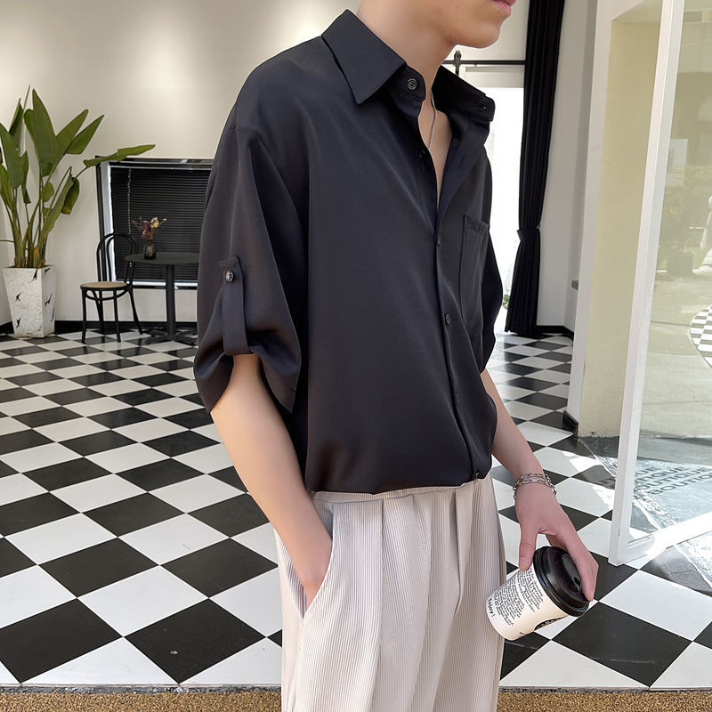 Short Sleeve Shirt Men Korean Fashion Half-sleeved Shirt Handsome Summer Lapel Solid Color Casual Ice Silk High Quality Top