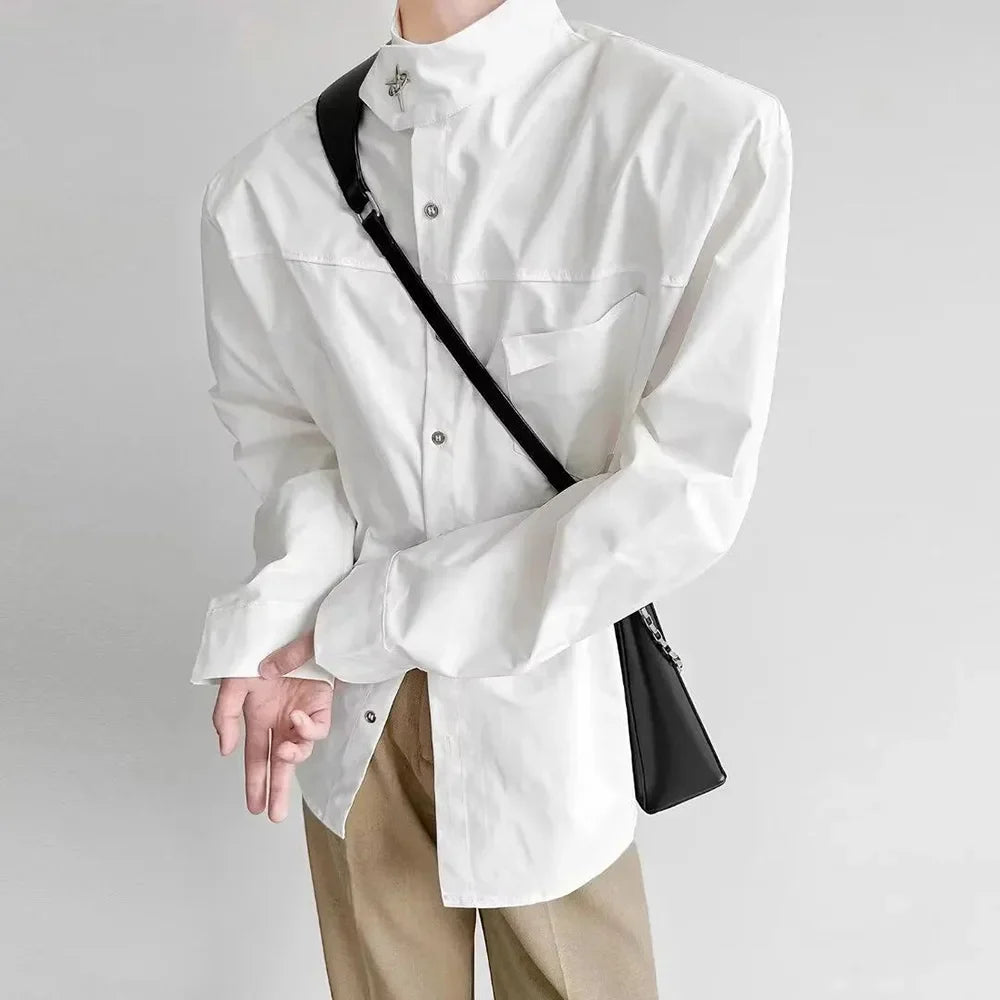 saferido Y2K Mens Shirt Pocket Retro Button Padded Shoulder Long Sleeved Shirt Spring Casual Simple Anti-Static Top Men's Clothing Unisex