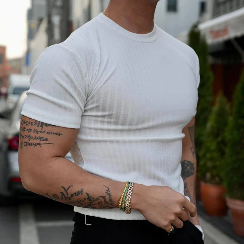 Fashion Solid Color Ribbed Slim T Shirts Men's Streetwear Classic Simple Crew Neck Short Sleeve Tees Summer Leisure Men Clothes