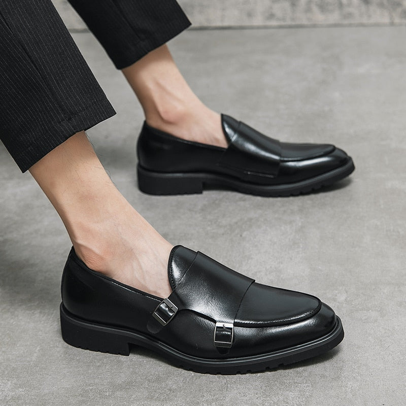 saferido Men Fashion Formal Shoes Handmade Monk Shoes Derby Dress Leather Shoe Gentleman Double Buckles Monk Shoes Pointed Wedding Shoes
